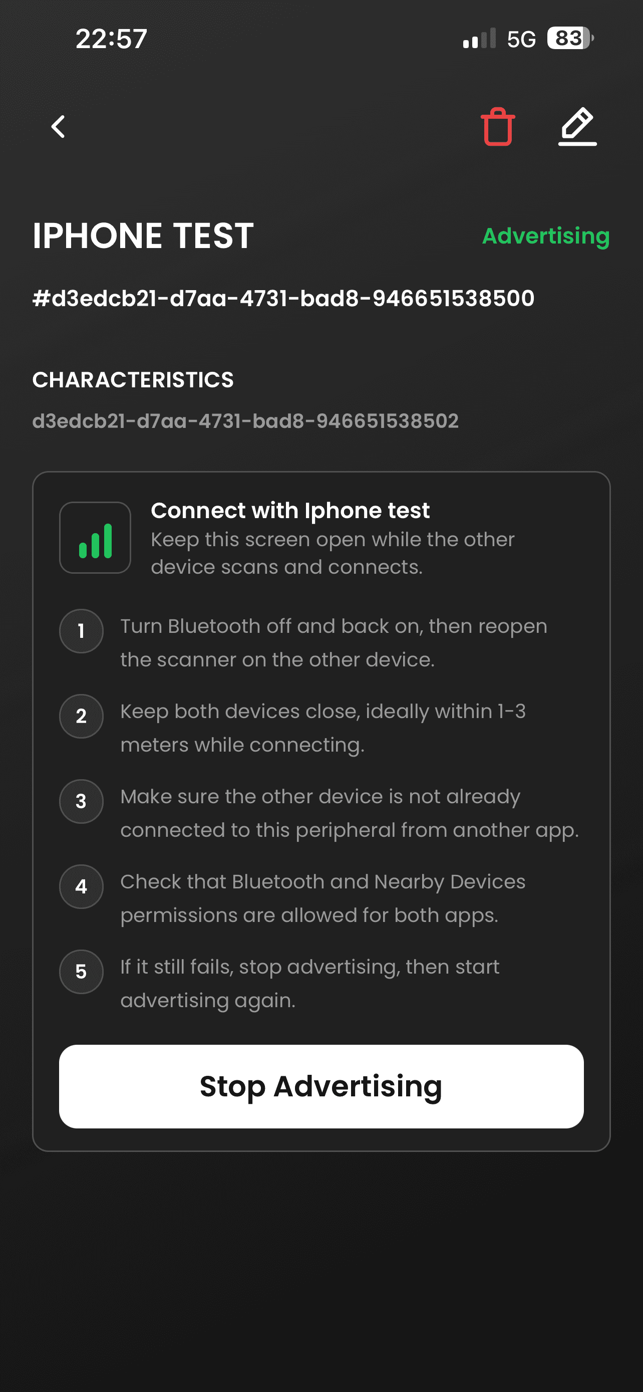 BLE Developer Console — Live advertising