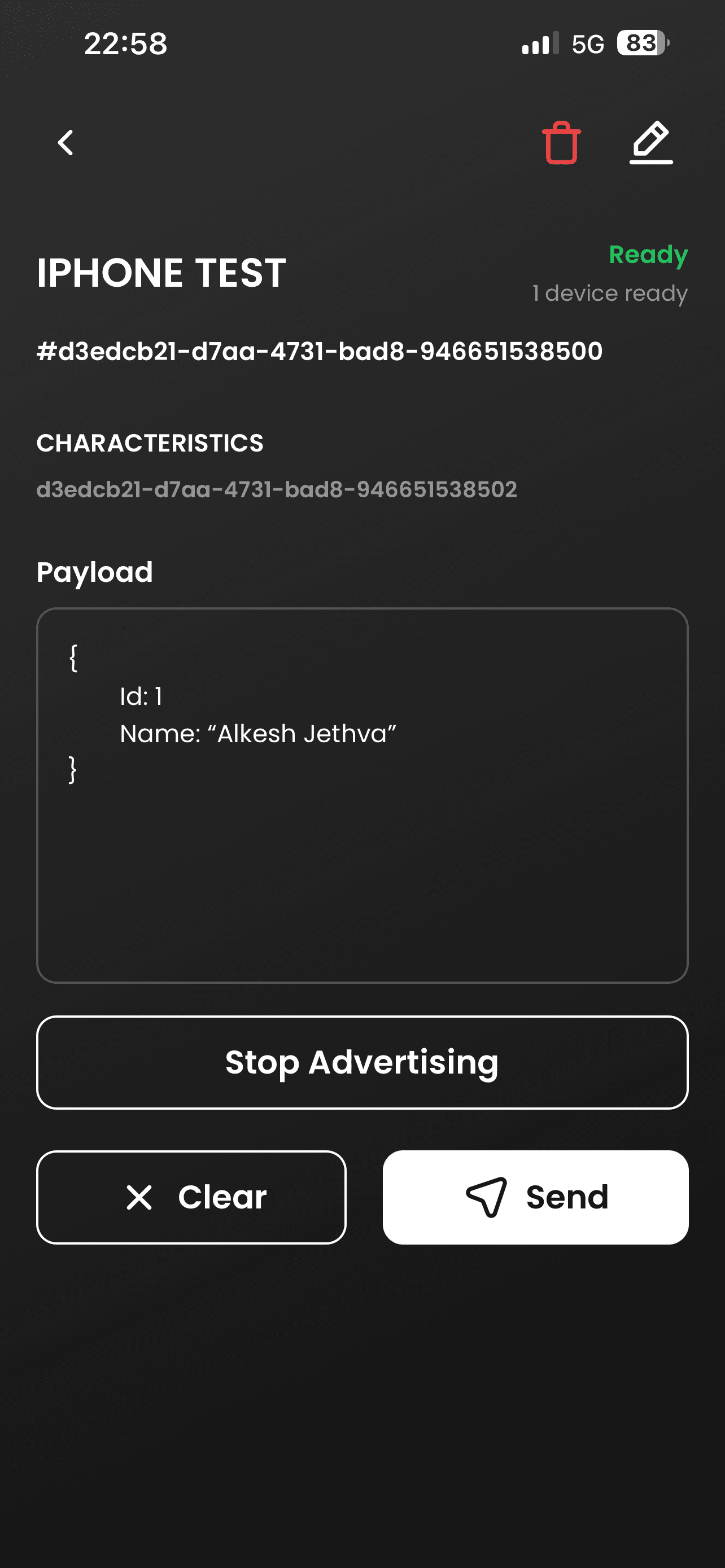 BLE Developer Console — Payload transfer