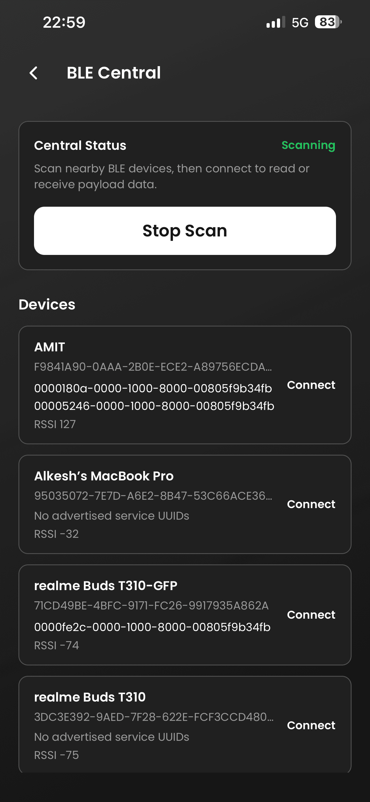 BLE Developer Console — Nearby devices